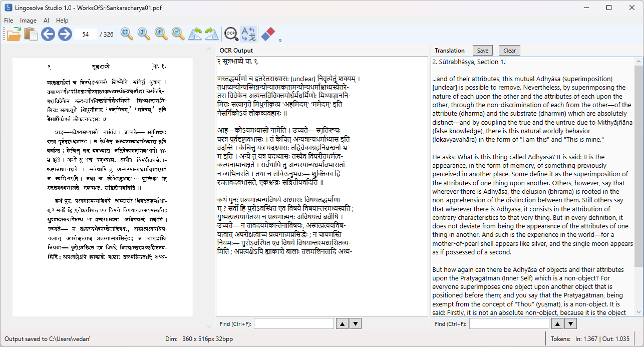 LingosolveStudio application screenshot showing OCR and translation workflow